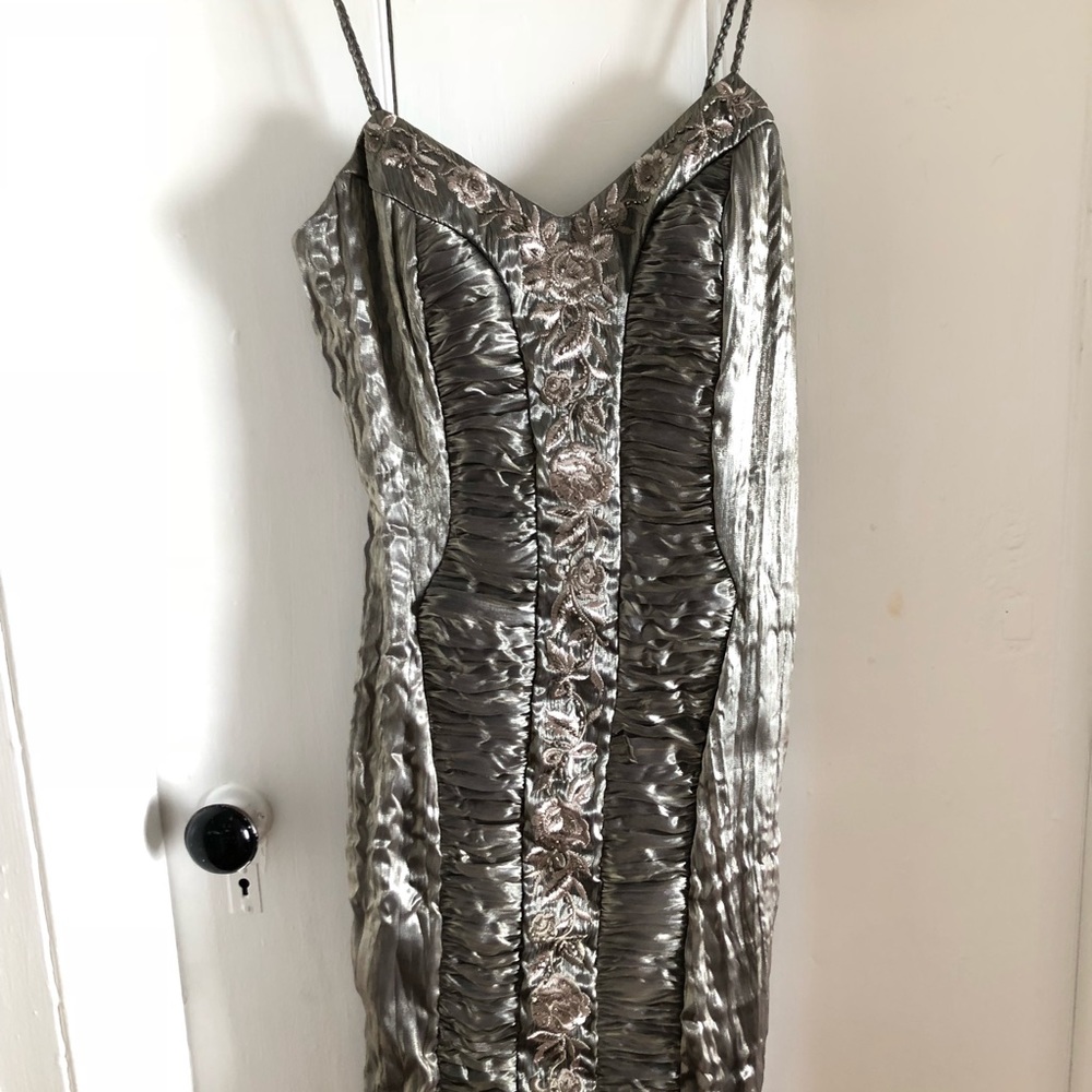 embellished olive green raw silk cocktail dress